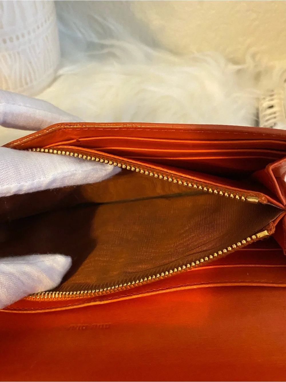Miu Miu Patent Leather Bow Accent Long Wallet — Orange